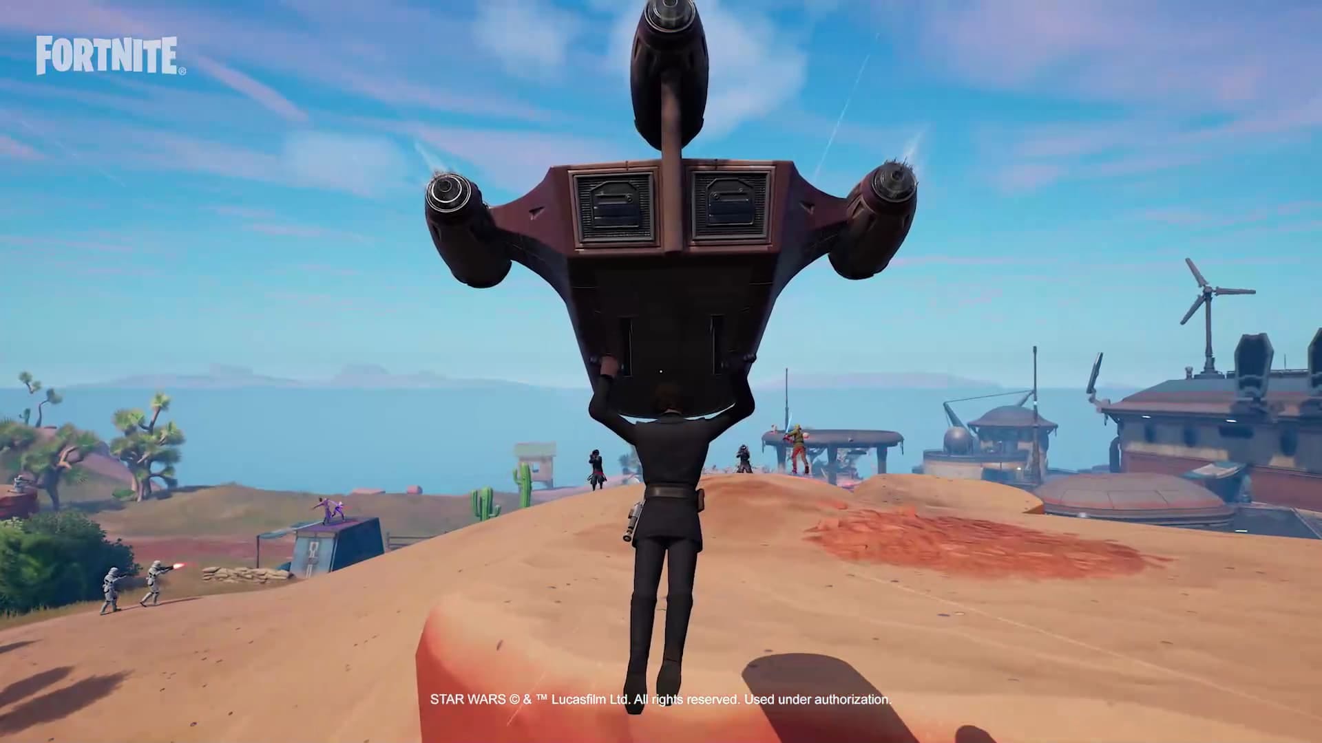 Screenshot from Fortnite Skywalker Week where we see luke dropping in on the enemies from above